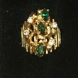 Gold ring emeralds and rhinestones
